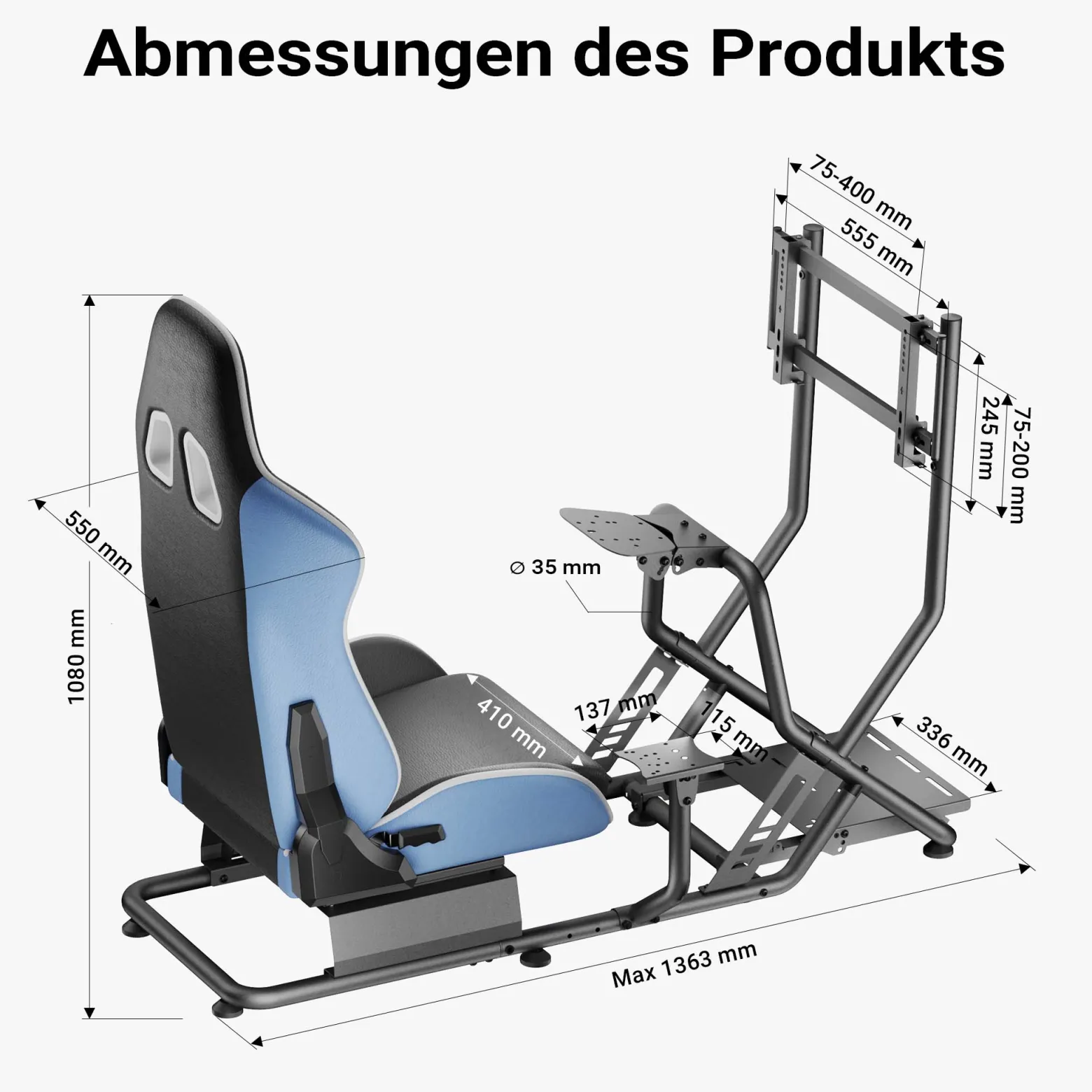 Wiltec Rennsimulator Racing Cockpit 71 x 136 x 108 cm, Auto Simulator mit Sitz bis 100 kg, Sim Racing mit Monitorhalterung, Racing Simulator mit Befestigungspunkte für Lenkrad, Schalthebel und Pedale