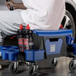 Wiltec Rollsitz bis 150 kg, Werkstatthocker mit Rollen, Rollhocker mit Werkzeugablage und Halterungen, Werkstattstuhl mit versteckter Schublade, Montagehocker mit Rädern