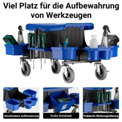 Wiltec Rollsitz bis 150 kg, Werkstatthocker mit Rollen, Rollhocker mit Werkzeugablage und Halterungen, Werkstattstuhl mit versteckter Schublade, Montagehocker mit Rädern