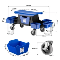 Wiltec Rollsitz bis 150 kg, Werkstatthocker mit Rollen, Rollhocker mit Werkzeugablage und Halterungen, Werkstattstuhl mit versteckter Schublade, Montagehocker mit Rädern