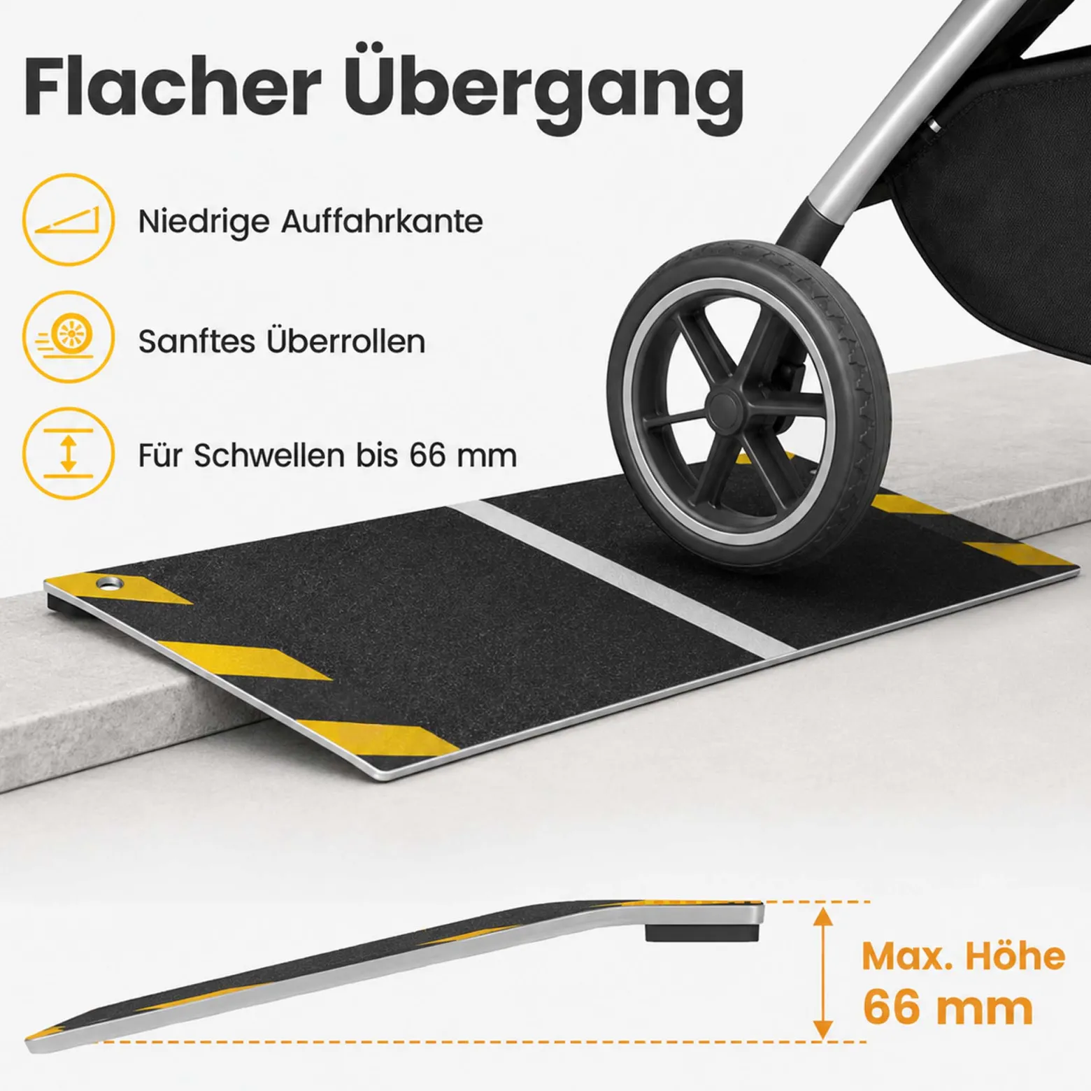 Wiltec Rollstuhlrampe Alu 800 x 400 x 21 mm, Türschwellenrampe bis 66 mm Stufenhöhe und 363 kg Traglast, rutschfeste Bordsteinrampe für Rollstuhl und Rollator