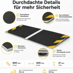 Wiltec Rollstuhlrampe Alu 800 x 400 x 21 mm, Türschwellenrampe bis 66 mm Stufenhöhe und 363 kg Traglast, rutschfeste Bordsteinrampe für Rollstuhl und Rollator