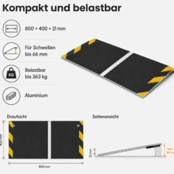 Wiltec Rollstuhlrampe Alu 800 x 400 x 21 mm, Türschwellenrampe bis 66 mm Stufenhöhe und 363 kg Traglast, rutschfeste Bordsteinrampe für Rollstuhl und Rollator