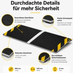 Wiltec Rollstuhlrampe Alu 800 x 300 x 21 mm, Türschwellenrampe bis 50 mm Stufenhöhe und 363 kg Traglast, rutschfeste Bordsteinrampe für Rollstuhl und Rollator