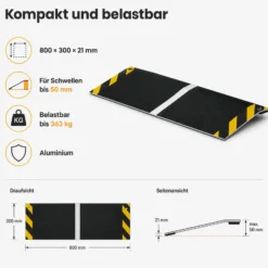 Wiltec Rollstuhlrampe Alu 800 x 300 x 21 mm, Türschwellenrampe bis 50 mm Stufenhöhe und 363 kg Traglast, rutschfeste Bordsteinrampe für Rollstuhl und Rollator