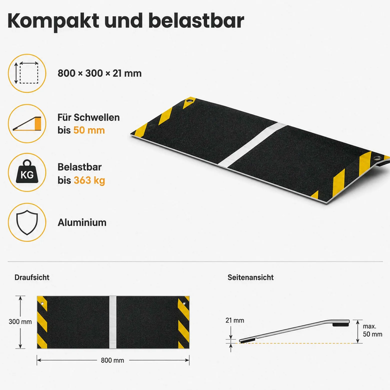 Wiltec Rollstuhlrampe Alu 800 x 300 x 21 mm, Türschwellenrampe bis 50 mm Stufenhöhe und 363 kg Traglast, rutschfeste Bordsteinrampe für Rollstuhl und Rollator