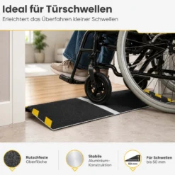 Wiltec Rollstuhlrampe Alu 800 x 300 x 21 mm, Türschwellenrampe bis 50 mm Stufenhöhe und 363 kg Traglast, rutschfeste Bordsteinrampe für Rollstuhl und Rollator