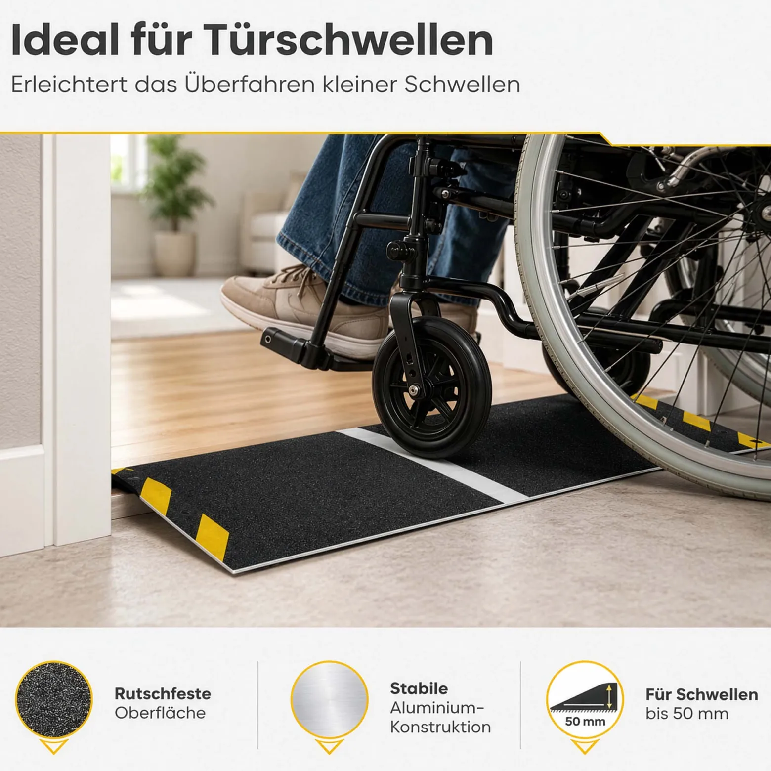 Wiltec Rollstuhlrampe Alu 800 x 300 x 21 mm, Türschwellenrampe bis 50 mm Stufenhöhe und 363 kg Traglast, rutschfeste Bordsteinrampe für Rollstuhl und Rollator