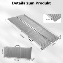 Wiltec Rollstuhlrampe doppelt faltbar 122cm 270kg, mobile Auffahrschiene als Rollirampe, Aluminium Kofferrampe
