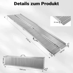 Wiltec Rollstuhlrampe doppelt faltbar 213cm 270kg, mobile Auffahrschiene als Rollirampe, Aluminium Kofferrampe