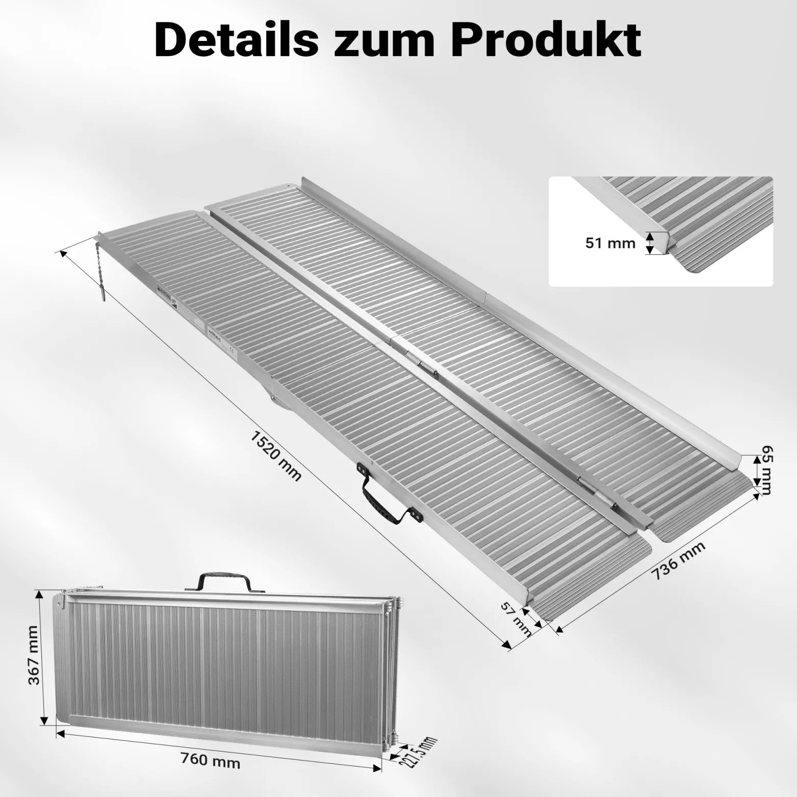 Wiltec Rollstuhlrampe doppelt faltbar 152cm 270kg, mobile Auffahrschiene als Rollirampe, Aluminium Kofferrampe