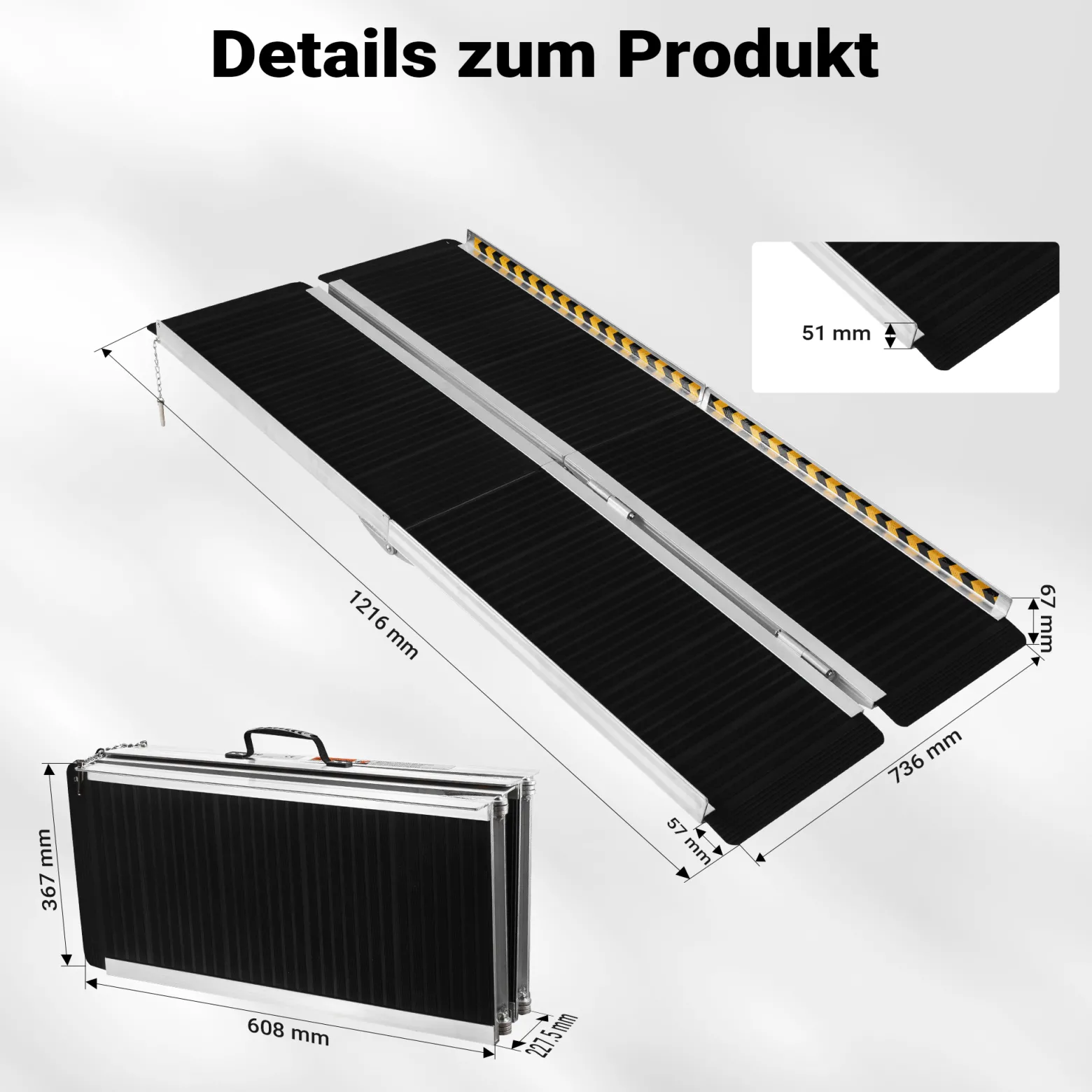 Wiltec Rollstuhlrampe doppelt faltbar 122cm 270kg, mobile Auffahrschiene mit rutschfester Oberfläche als Rollirampe, Aluminium Kofferrampe