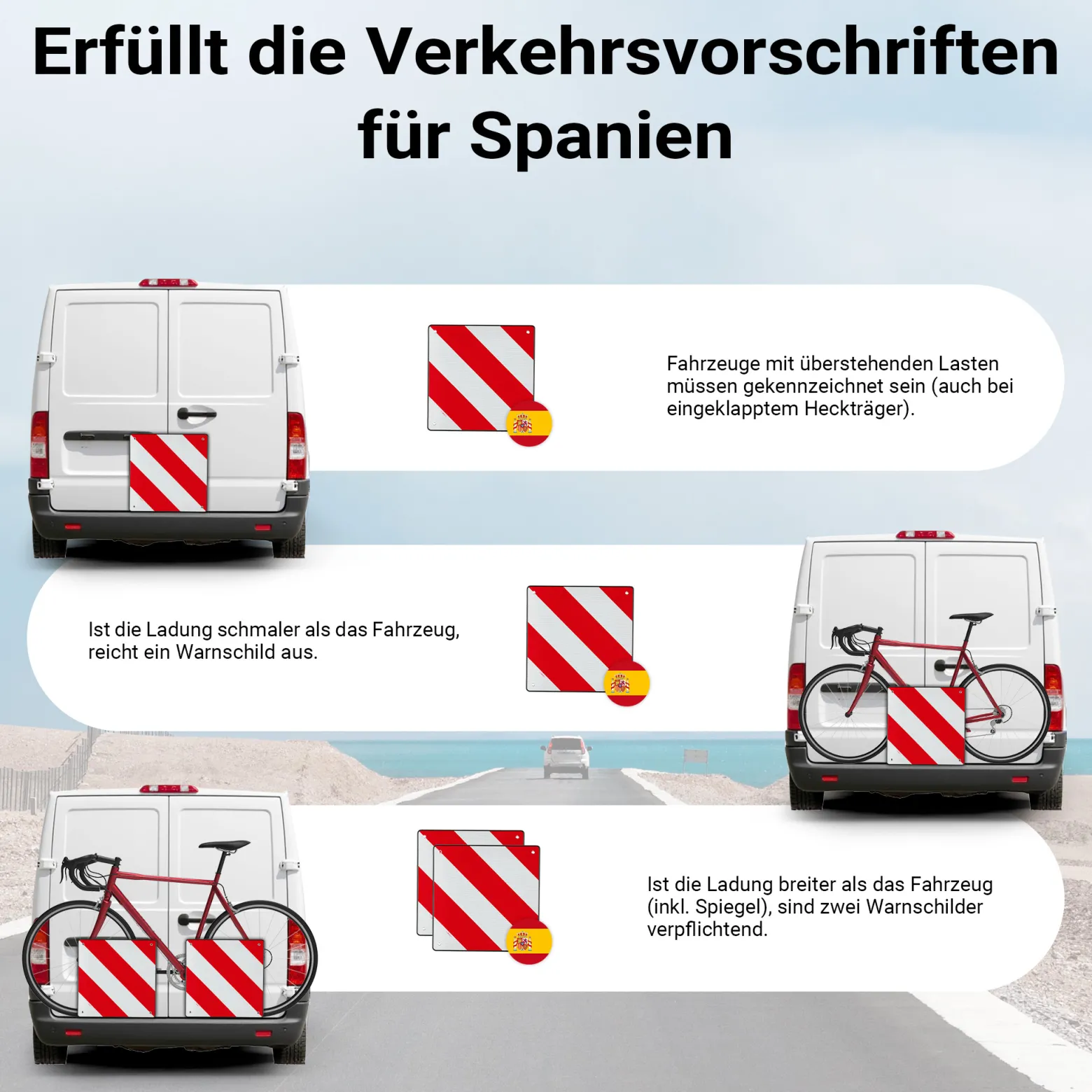 Wiltec Rot weiße Warntafel Spanien aus Aluminium mit Befestigungslöchern 500x500 mm reflektierend Warnschild für Fahrradträger und Heckträger zur Kennzeichnung überstehender Ladung am Fahrzeug