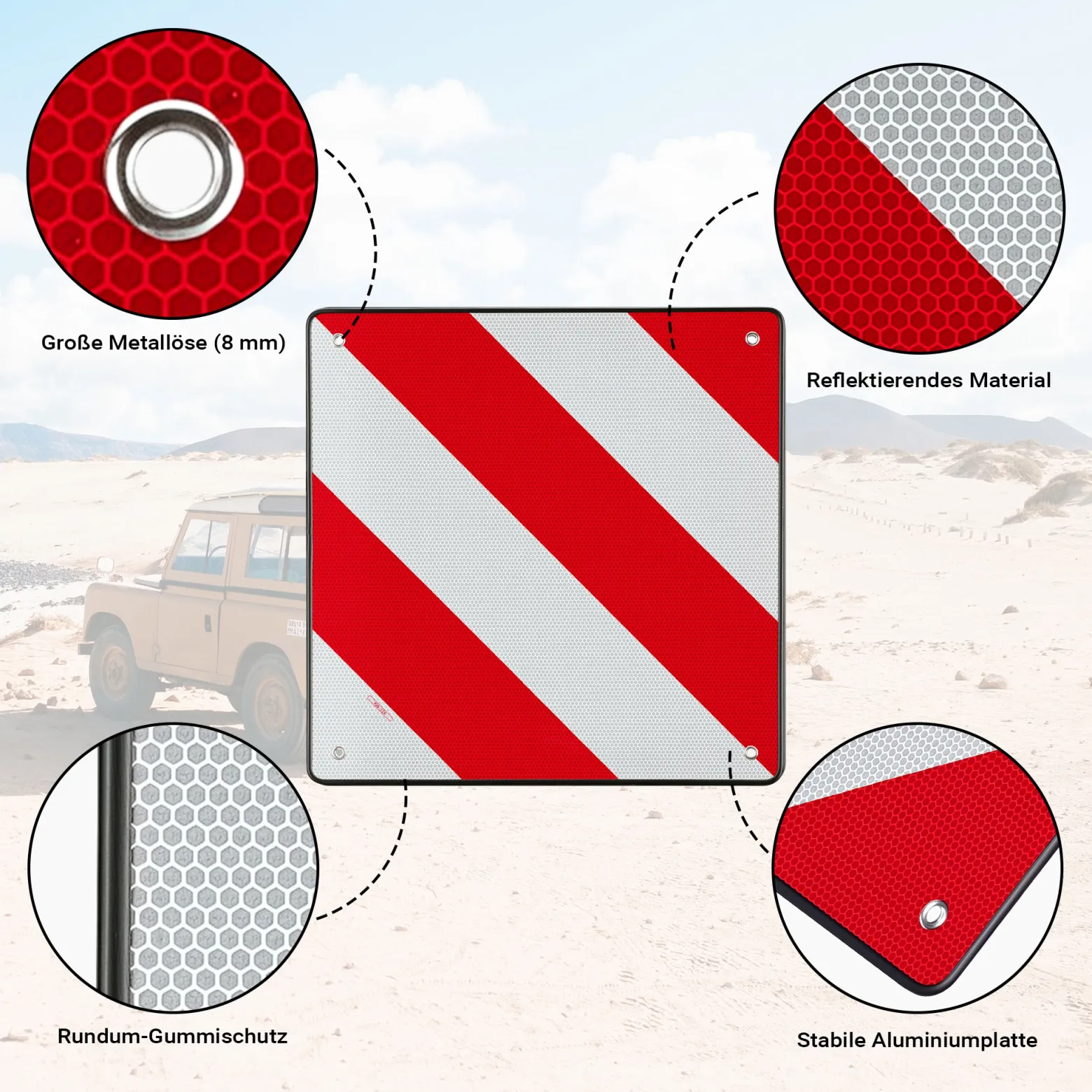 Wiltec Rot weiße Warntafel Spanien aus Aluminium mit Befestigungslöchern 500x500 mm reflektierend Warnschild für Fahrradträger und Heckträger zur Kennzeichnung überstehender Ladung am Fahrzeug