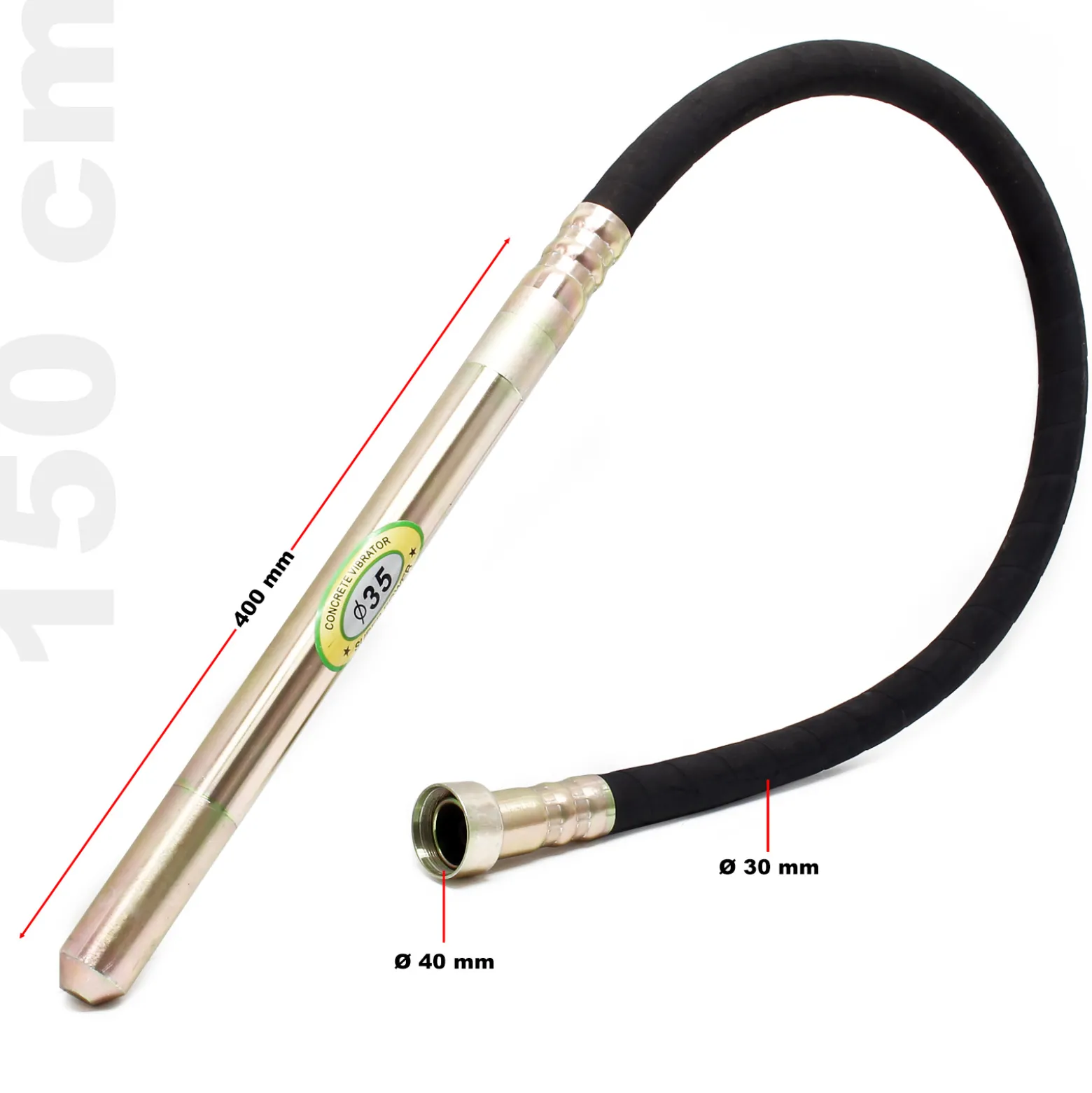 Wiltec Rüttelflasche mit Ø 35 mm für Elektro Betonrüttler, Flaschenrüttler mit 150 cm Schlauchlänge, Innenrüttler mit flexibler Welle
