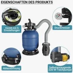 Wiltec Sandfilteranlage HZS-200 für Pools, Filteranlage, Poolfilter, Pumpe, Filterkessel mit Pumpe, Schwimmbadpumpe
