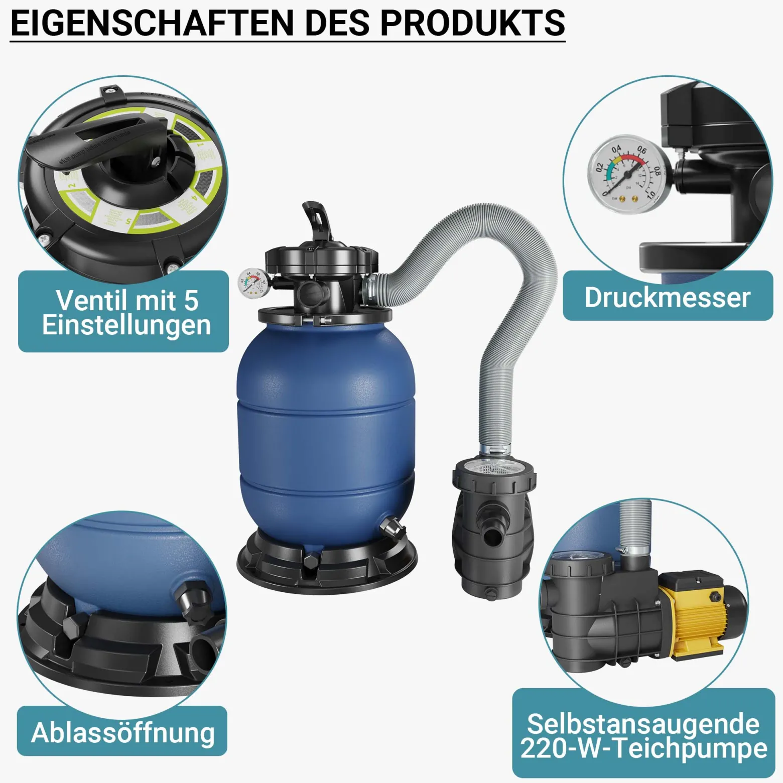 Wiltec Sandfilteranlage HZS-200 für Pools, Filteranlage, Poolfilter, Pumpe, Filterkessel mit Pumpe, Schwimmbadpumpe