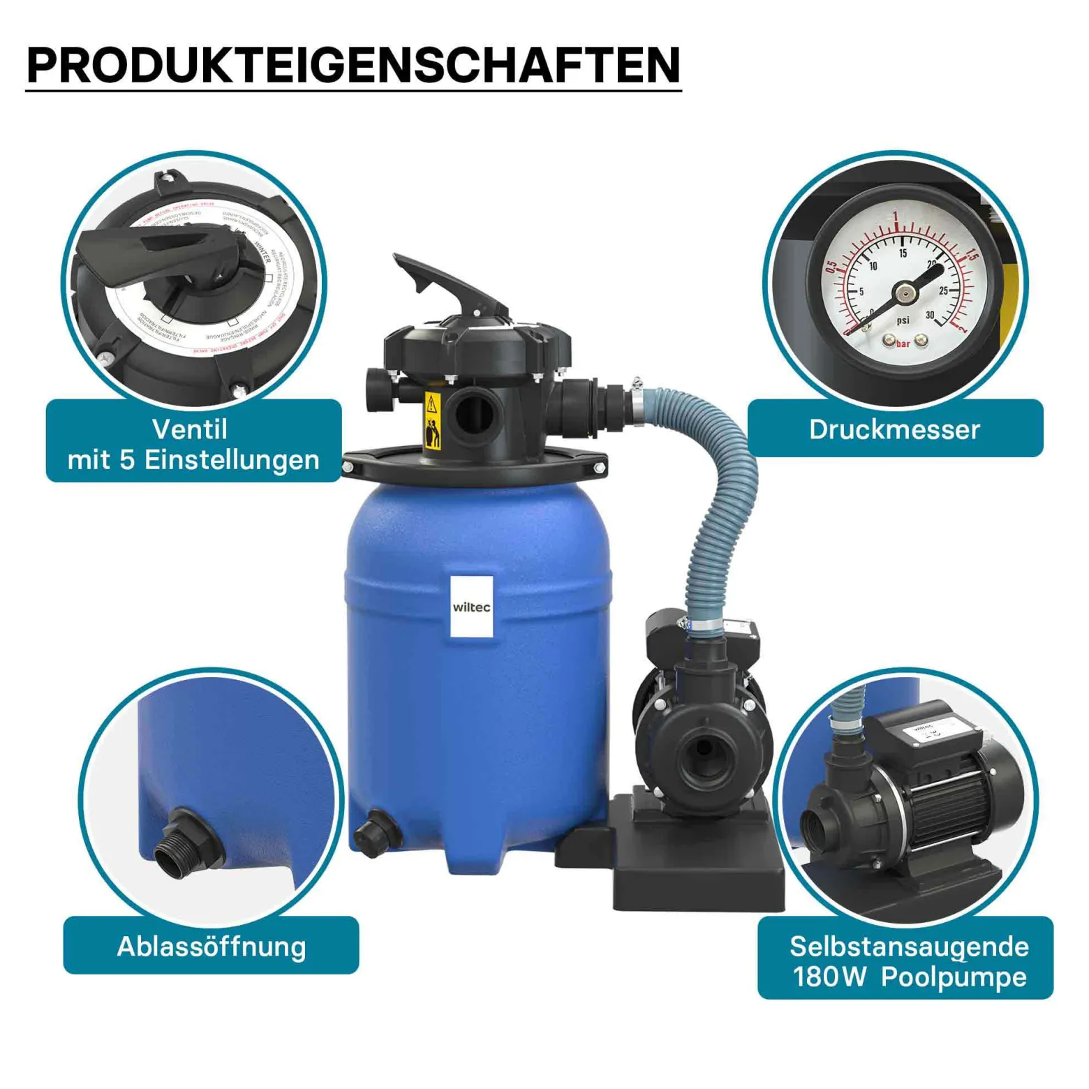 Wiltec Sandfilteranlage 180W mit 14l Filtertank und selbstansaugender Pumpe 9000 l/h, Sandfilterpumpe, Pool-Pumpe