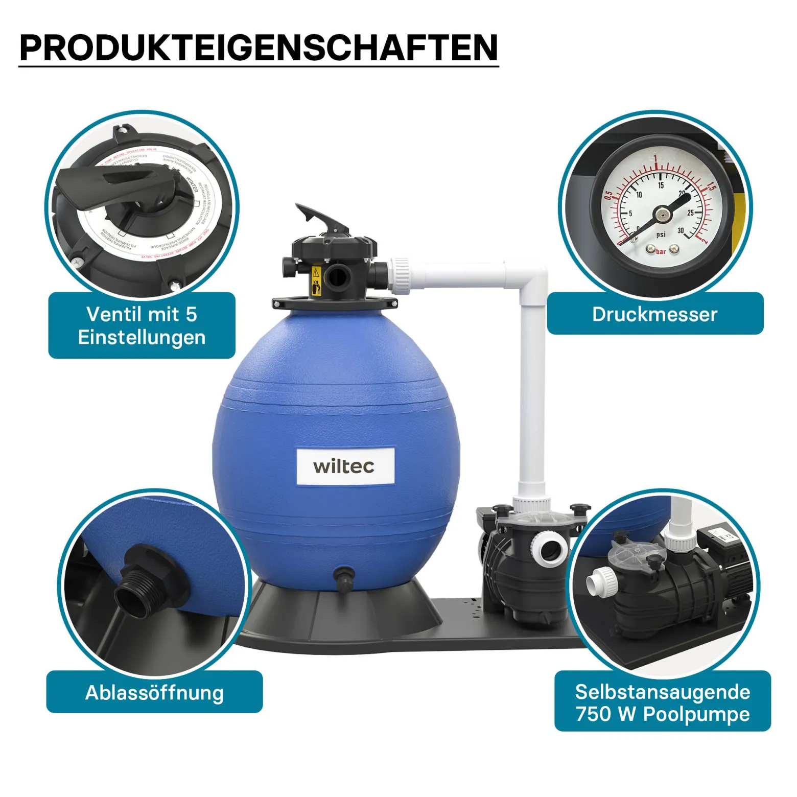 Wiltec Sandfilteranlage 750 W mit 71l Filtertank und selbstansaugender Pumpe 20000 l/h, Sandfilterpumpe, Pool-Pumpe