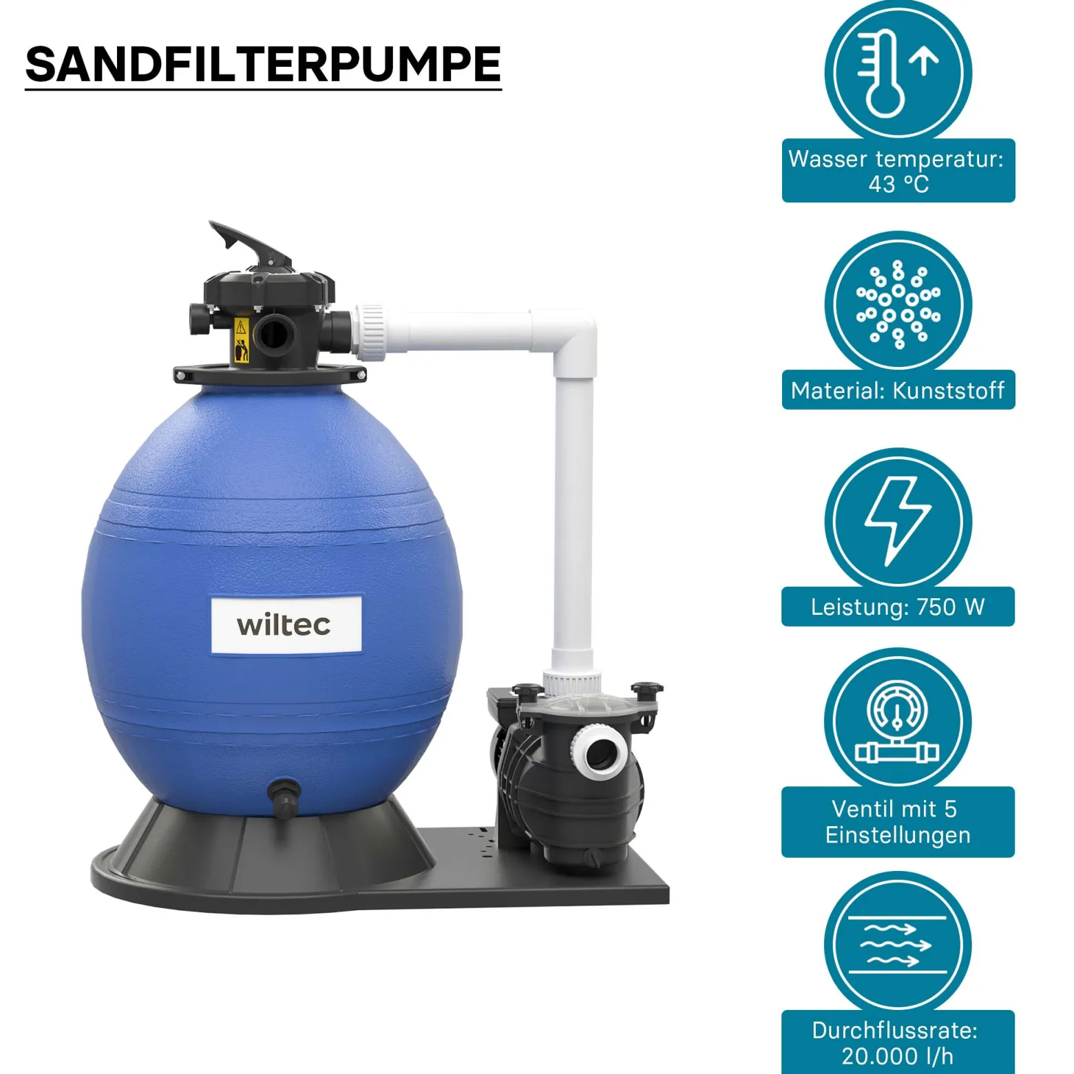 Wiltec Sandfilteranlage 750 W mit 71l Filtertank und selbstansaugender Pumpe 20000 l/h, Sandfilterpumpe, Pool-Pumpe