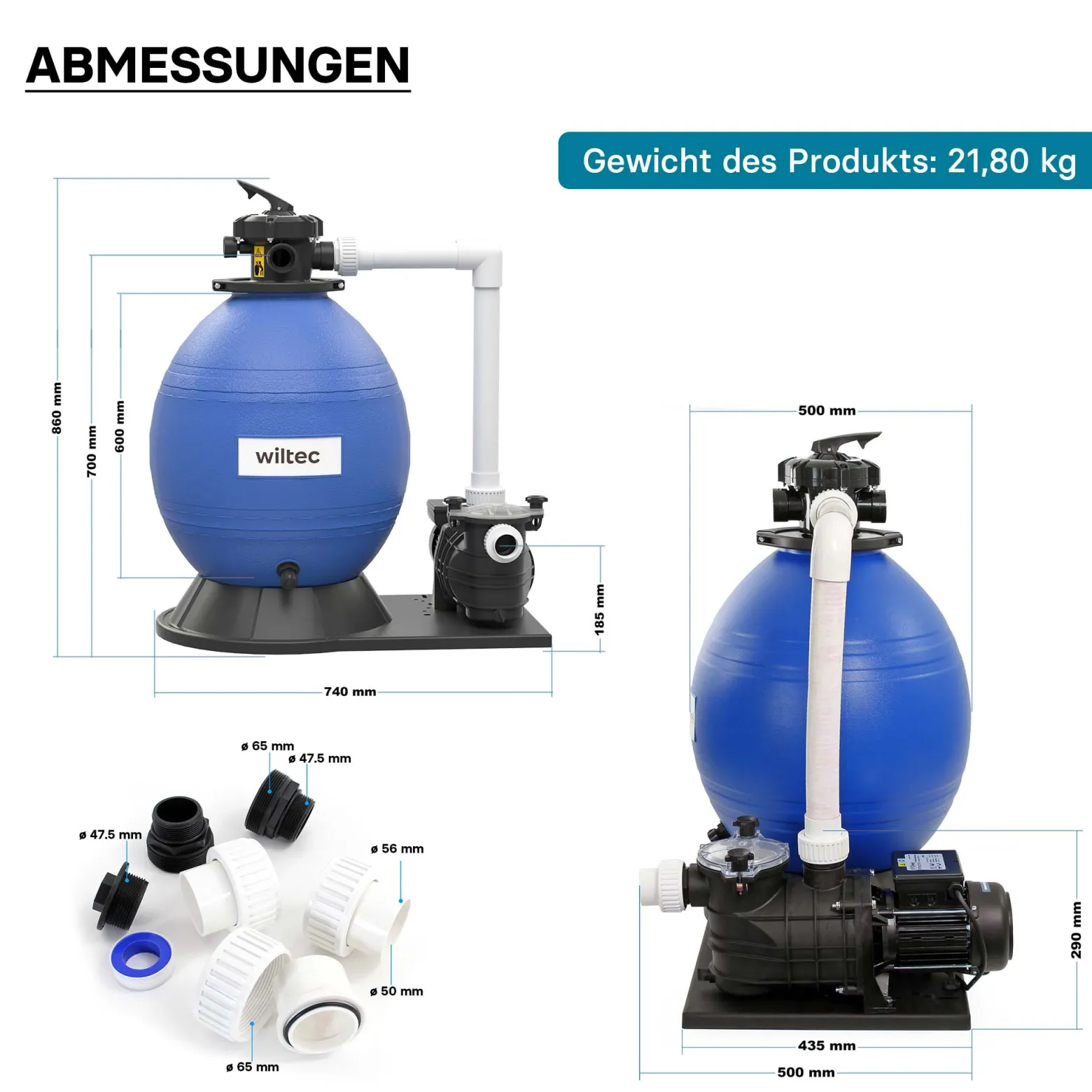Wiltec Sandfilteranlage 750 W mit 71l Filtertank und selbstansaugender Pumpe 20000 l/h, Sandfilterpumpe, Pool-Pumpe