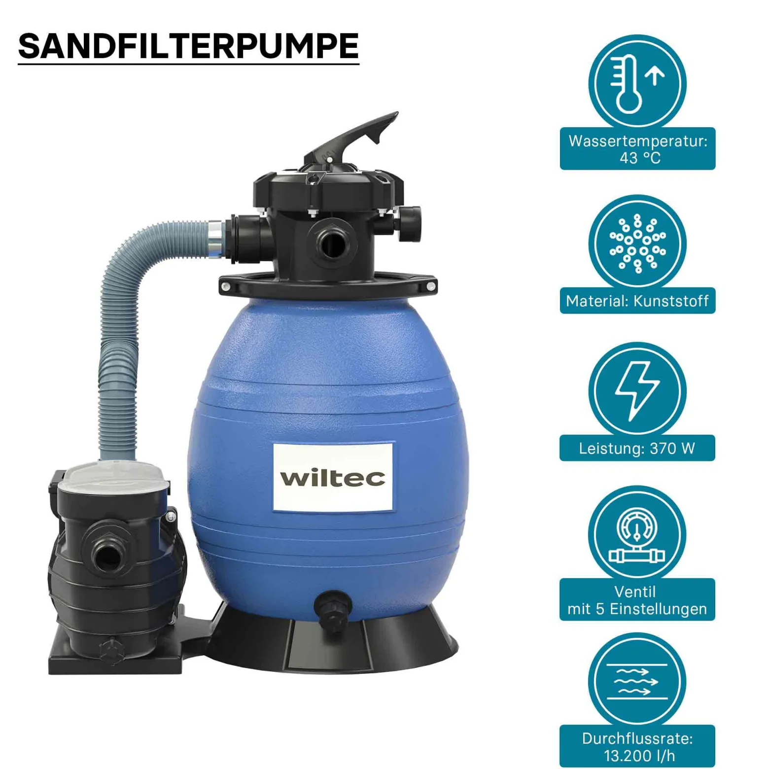Wiltec Sandfilteranlage 370 W mit 26l Filtertank und selbstansaugender Pumpe 13200 l/h, Sandfilterpumpe, Pool-Pumpe