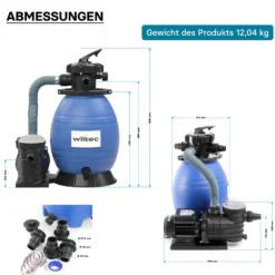 Wiltec Sandfilteranlage 370 W mit 26l Filtertank und selbstansaugender Pumpe 13200 l/h, Sandfilterpumpe, Pool-Pumpe