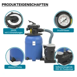 Wiltec Sandfilteranlage 250 W mit 14l Filtertank und selbstansaugender Pumpe 10000 l/h, Sandfilterpumpe, Pool-Pumpe