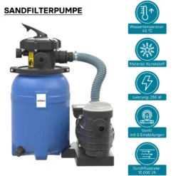 Wiltec Sandfilteranlage 250 W mit 14l Filtertank und selbstansaugender Pumpe 10000 l/h, Sandfilterpumpe, Pool-Pumpe