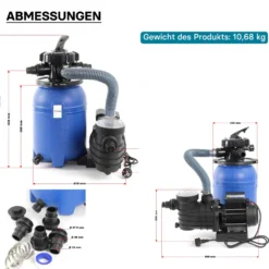 Wiltec Sandfilteranlage 250 W mit 14l Filtertank und selbstansaugender Pumpe 10000 l/h, Sandfilterpumpe, Pool-Pumpe