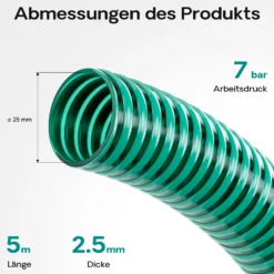 Wiltec Saugschlauch Druckschlauch 5m, flexibel, 25mm (1") grün - Made in Europe, zum Anschluss an Teichpumpen und Hauswasserwerke