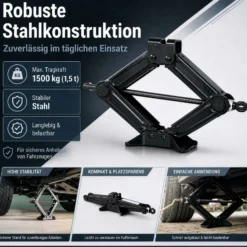 Wiltec Scherenwagenheber mit 1,5 t Traglast, Wagenheber aus Stahl mit Hubhöhe 105–385 mm für PKW und Offroad