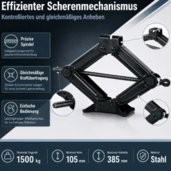 Wiltec Scherenwagenheber mit 1,5 t Traglast, Wagenheber aus Stahl mit Hubhöhe 105–385 mm für PKW und Offroad