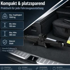 Wiltec Scherenwagenheber mit 1,5 t Traglast, Wagenheber aus Stahl mit Hubhöhe 105–385 mm für PKW und Offroad