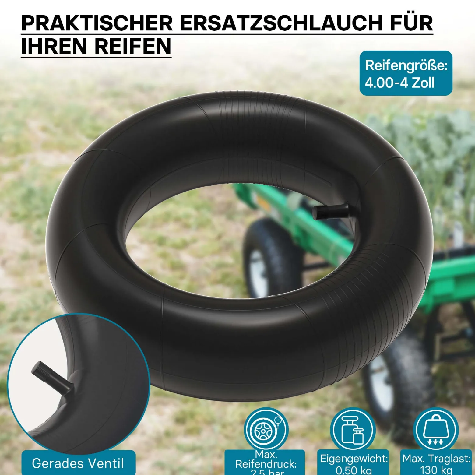 Wiltec Schlauch für Rasenmäherreifen 11x4.00-4 mit geradem Ventil zur Selbstmontage