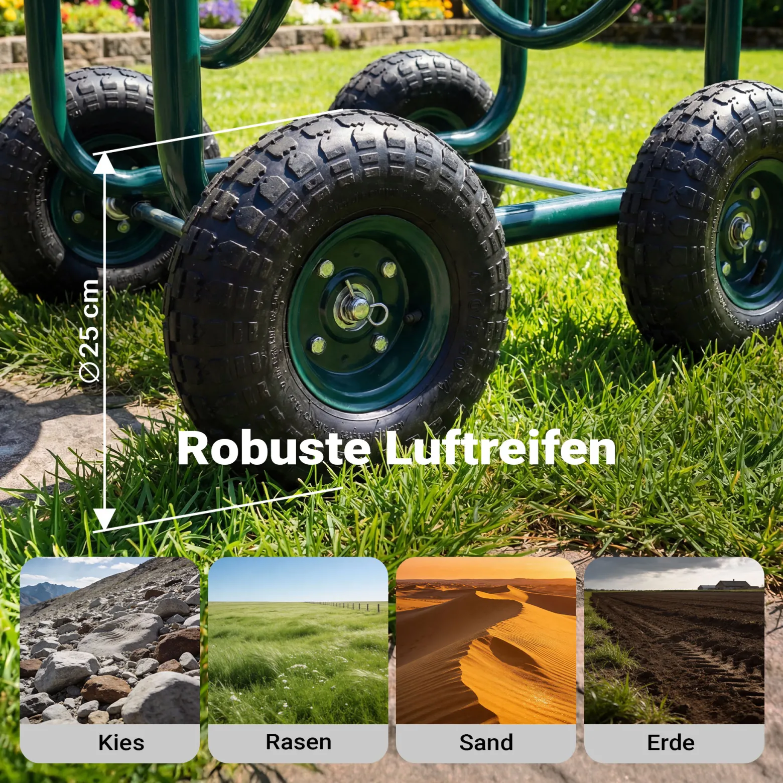 Wiltec Schlauchwagen ohne Schlauch, Schlauchaufroller für 3/4" (19 mm) Gartenschlauch bis 70 m, mit Reifen Ø 25cm Gartenschlauchwagen, Gartenschlauchtrommel