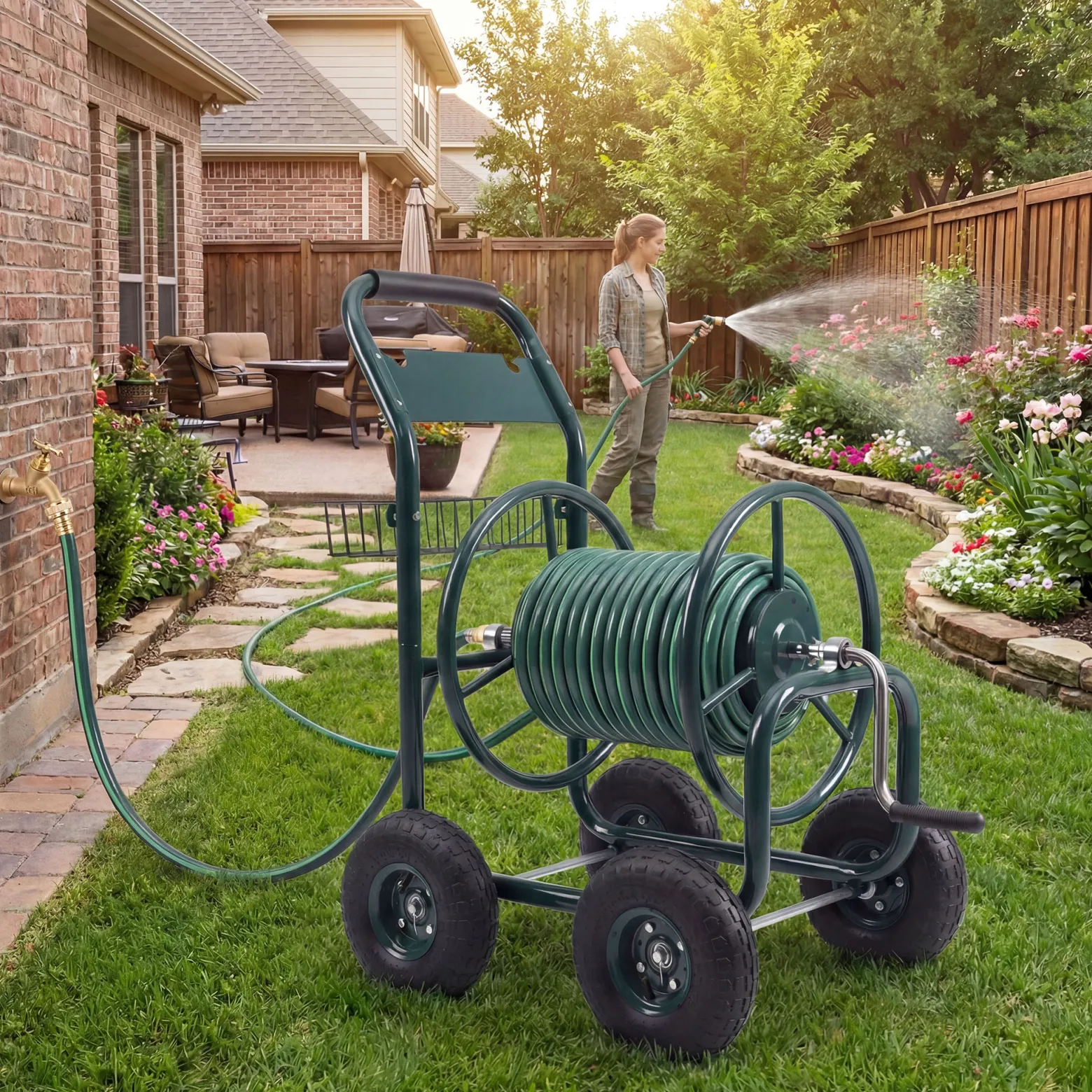 Wiltec Schlauchwagen ohne Schlauch, Schlauchaufroller für 3/4" (19 mm) Gartenschlauch bis 70 m, mit Reifen Ø 25cm Gartenschlauchwagen, Gartenschlauchtrommel