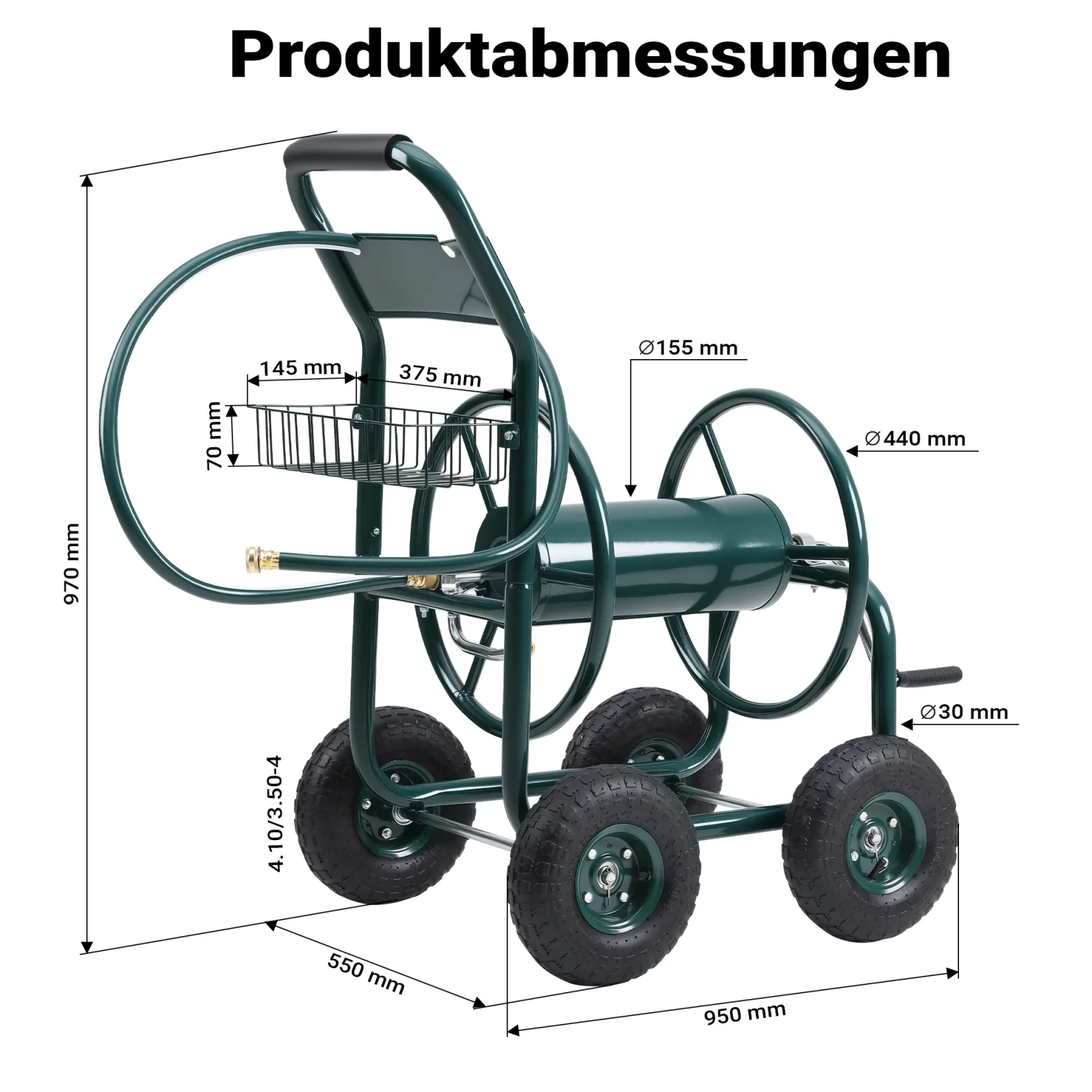Wiltec Schlauchwagen ohne Schlauch, Schlauchaufroller für 3/4" (19 mm) Gartenschlauch bis 70 m, mit Reifen Ø 25cm Gartenschlauchwagen, Gartenschlauchtrommel