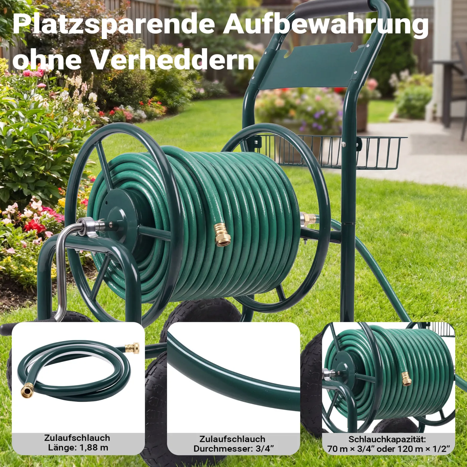 Wiltec Schlauchwagen ohne Schlauch, Schlauchaufroller für 3/4" (19 mm) Gartenschlauch bis 70 m, mit Reifen Ø 25cm Gartenschlauchwagen, Gartenschlauchtrommel