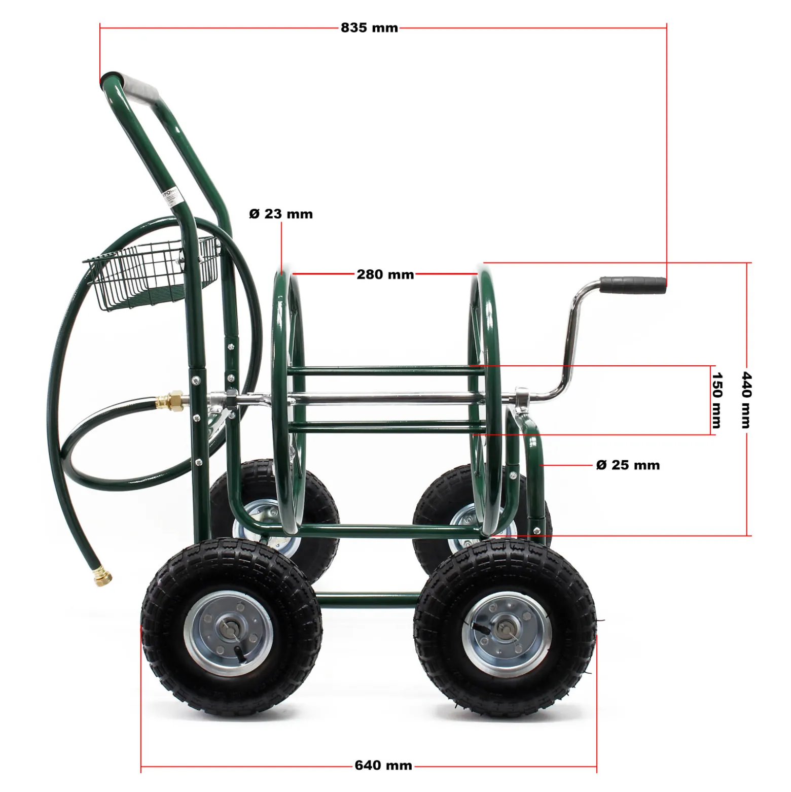 Wiltec Schlauchwagen ohne Schlauch, Schlauchaufroller für 5/8" (16 mm) Gartenschlauch bis 76 m, mit Reifen Ø 25cm Gartenschlauchwagen, Gartenschlauchtrommel