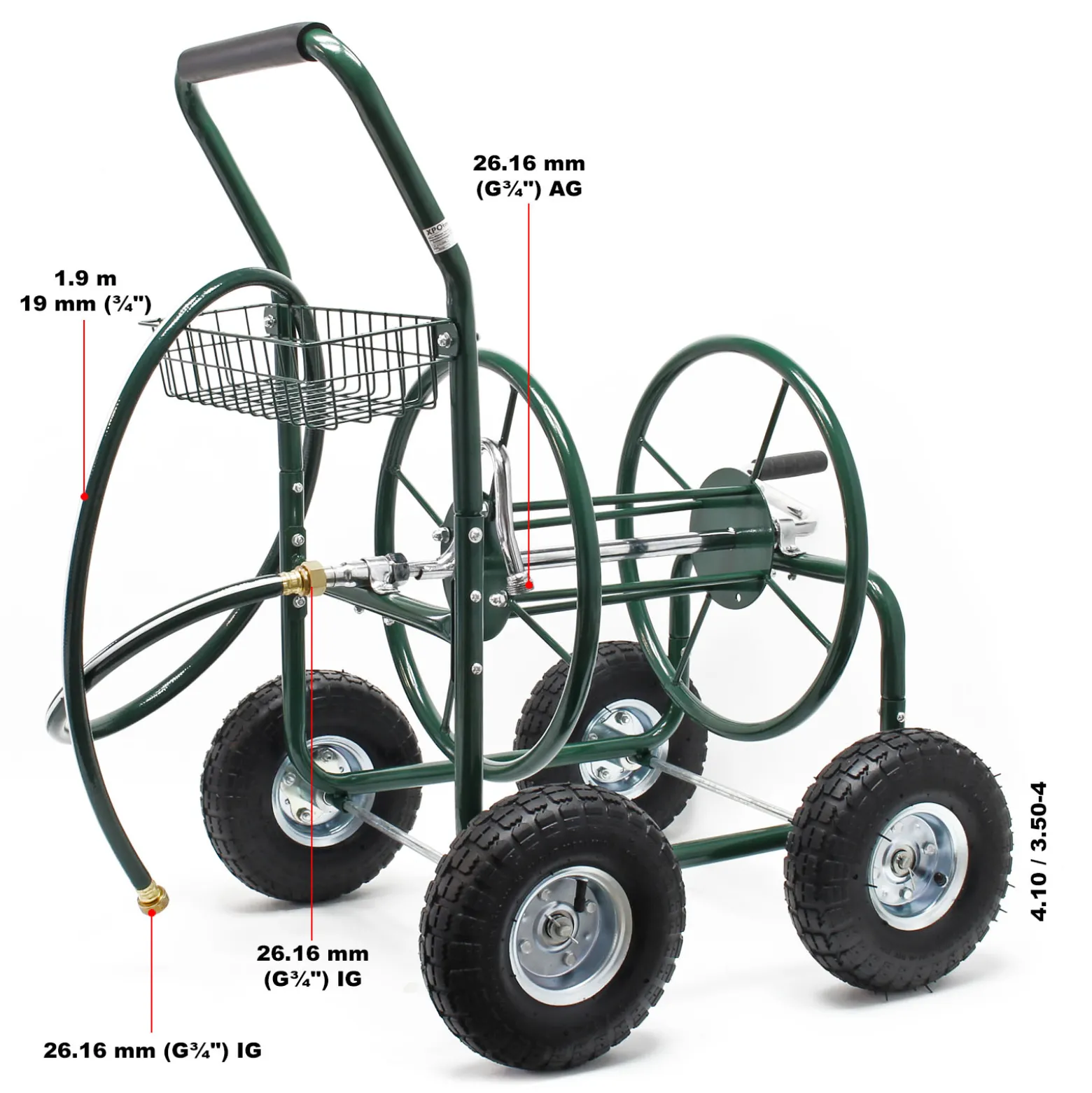 Wiltec Schlauchwagen ohne Schlauch, Schlauchaufroller für 5/8" (16 mm) Gartenschlauch bis 76 m, mit Reifen Ø 25cm Gartenschlauchwagen, Gartenschlauchtrommel