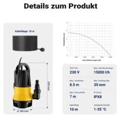 Wiltec Schmutzwasserpumpe mit Sensor 900 W, Tauchpumpe Schmutzwasser mit 2 Modi, Wasserpumpe 15000 l/h, Brunnenpumpe 8,5 m Förderhöhe & 7 m Tiefe