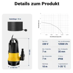 Wiltec Schmutzwasserpumpe mit Sensor 550 W, Tauchpumpe Schmutzwasser mit 2 Modi, Wasserpumpe 12500 l/h, Brunnenpumpe 7 m Förderhöhe & 7 m Tiefe