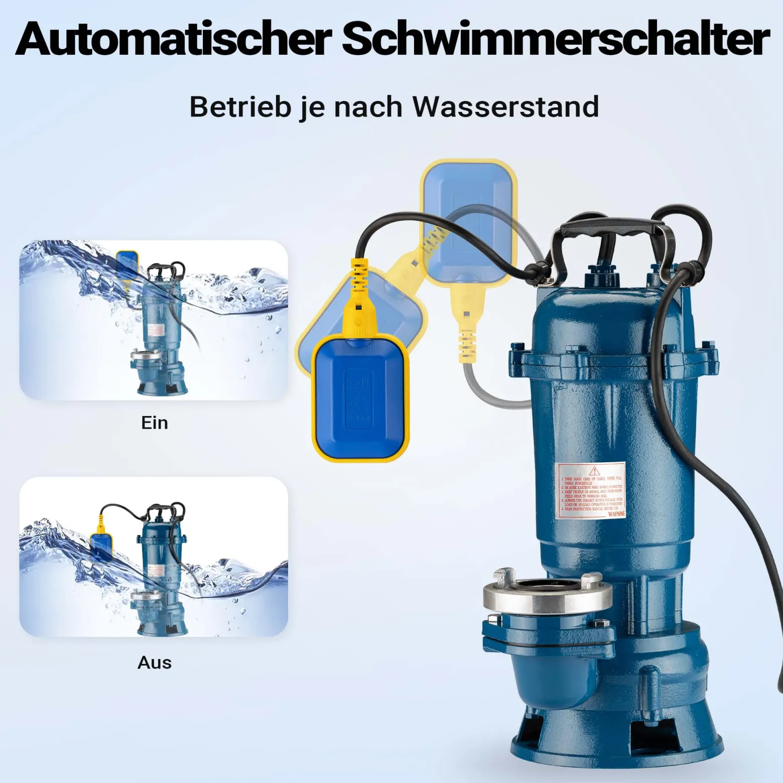Wiltec Schmutzwasserpumpe 1500W 36000l/h mit Schwimmerschalter max. Förderhöhe 10m mit 20m Schlauch