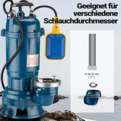 Wiltec Schmutzwasserpumpe 1500W 36000l/h mit Schwimmerschalter max. Förderhöhe 10m mit 20m Schlauch