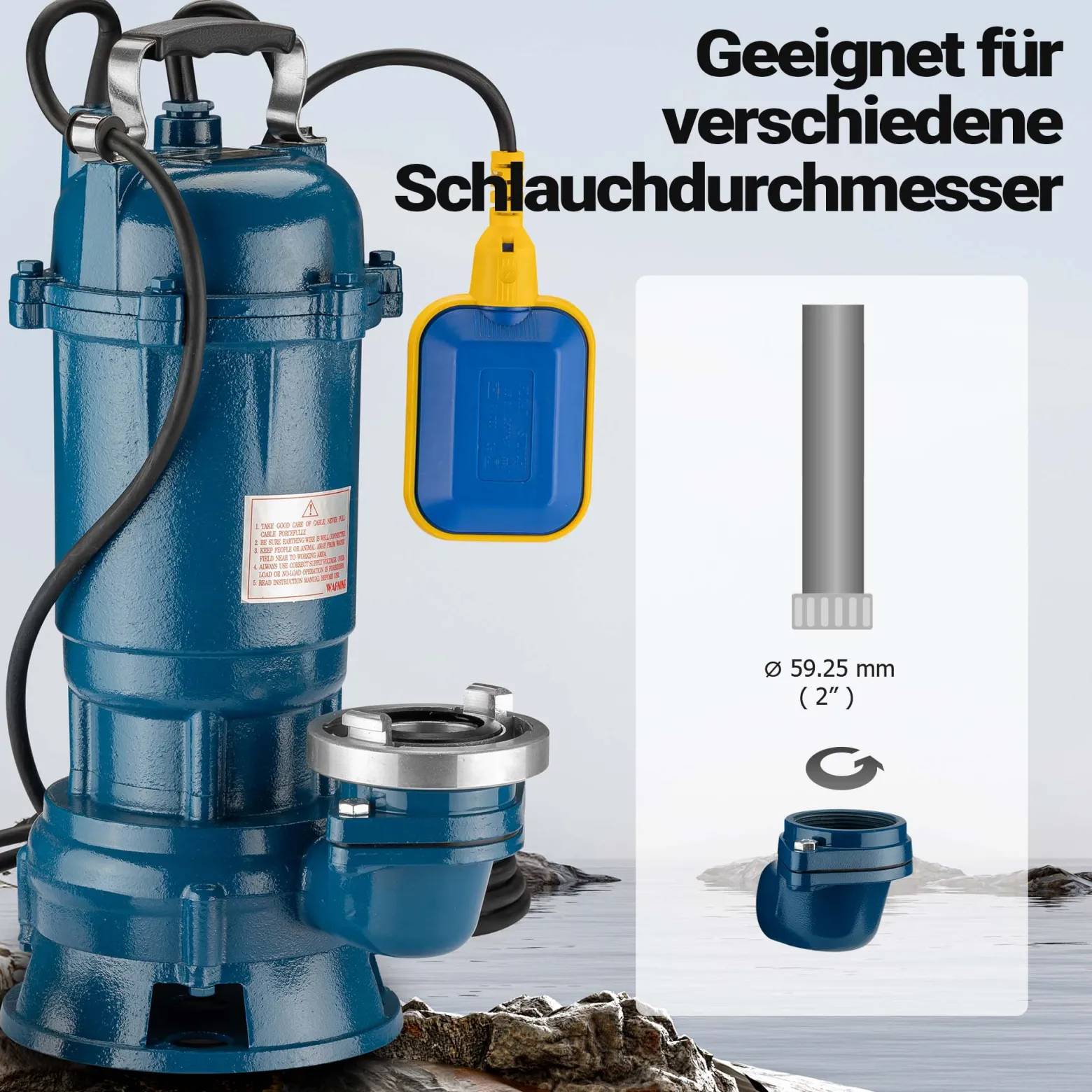Wiltec Schmutzwasserpumpe 1500W 36000l/h mit Schwimmerschalter max. Förderhöhe 10m mit 20m Schlauch
