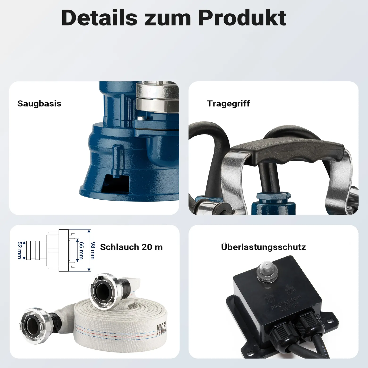 Wiltec Schmutzwasserpumpe 1500W 36000l/h mit Schwimmerschalter max. Förderhöhe 10m mit 20m Schlauch