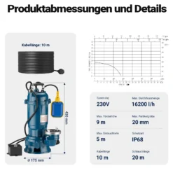 Wiltec Schmutzwasserpumpe 550W Tauchpumpe mit 16.200 l/h Fördermenge inkl. 20 m Schlauch Pumpe