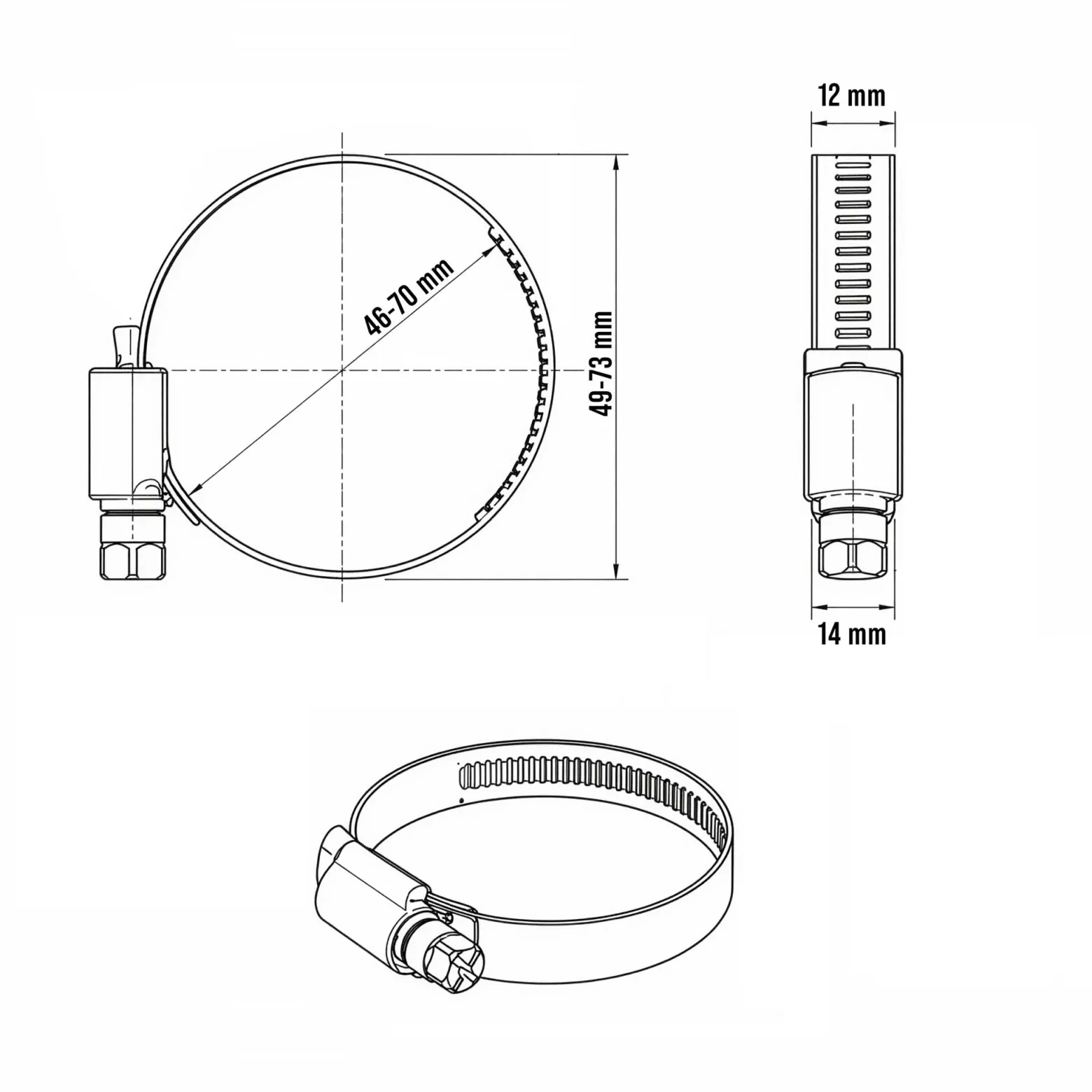 Wiltec Schneckengewindeschelle W1 12mm Bandbreite 46-70mm Spannbereich verzinkt für Schläuche flexible Schlauchschelle