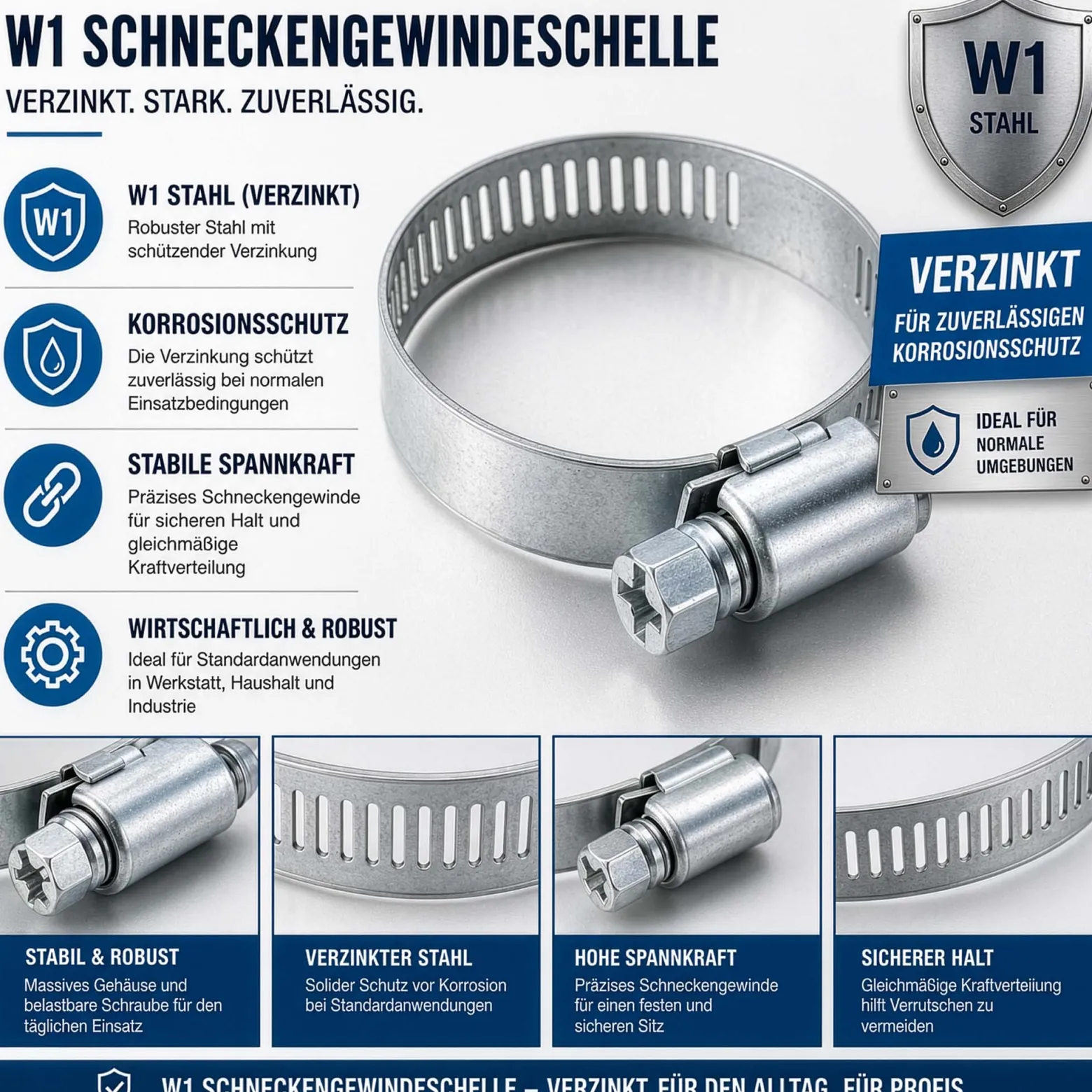 Wiltec Schneckengewindeschelle W1 12mm Bandbreite 46-70mm Spannbereich verzinkt für Schläuche flexible Schlauchschelle